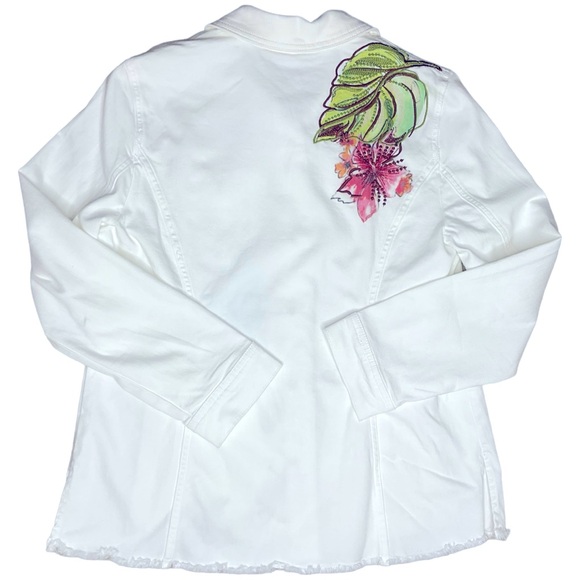 Chico’s Artisan Palm Denim Tropical Floral Embroidered Beaded Jacket - Picture 7 of 10